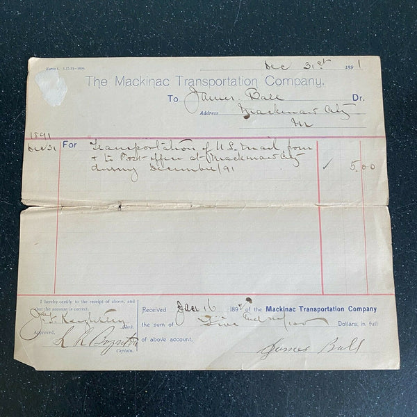 Mackinac Transportation Company 1891 Michigan US Mail Vintage Billhead